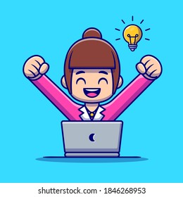 Happy Woman Employee With Laptop Cartoon Vector Icon Illustration. People Technology Icon Concept Isolated Premium Vector. Flat Cartoon Style