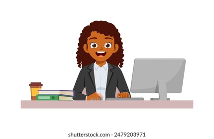 happy woman employee sit in desk working on office with computer