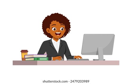 happy woman employee sit in desk working on office with computer