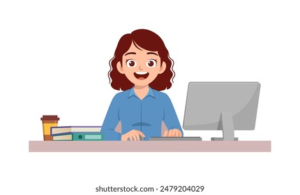 happy woman employee sit in desk working on office with computer