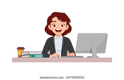 happy woman employee sit in desk working on office with computer