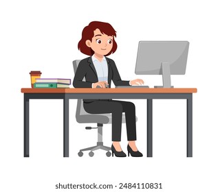 happy woman employee sit in desk working on office with computer