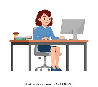 happy woman employee sit in desk working on office with computer