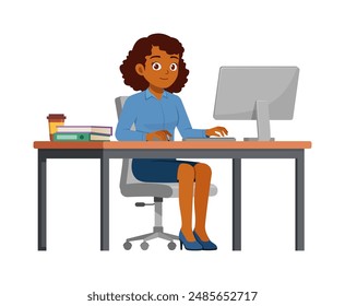 happy woman employee sit in desk working on office with computer