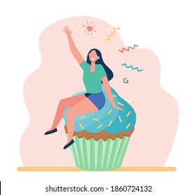 Happy woman enjoying dessert. Cheerful girl sitting on cupcake flat vector illustration. Bakery, pastry, food concept for banner, website design or landing web page