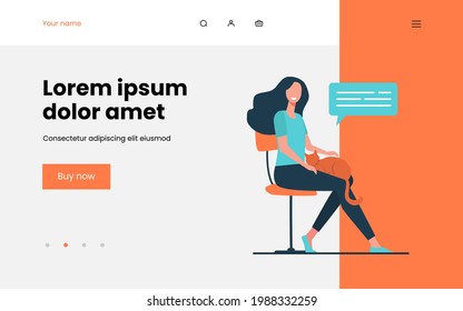 Happy woman enjoying her pet. Girl holding red cat on lap flat vector illustration. Animal care, home, pet adoption concept for banner, website design or landing web page