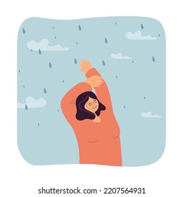 Happy woman enjoying rain. Autumn walk and special moments of grateful person flat vector illustration. Rainy weather, love, psychology concept for banner, website design or landing web page