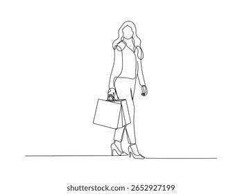 Feliz mulher gostando de fazer compras. Linha contínua Arte de Mulher alegre com sacos de compras isolados no fundo branco