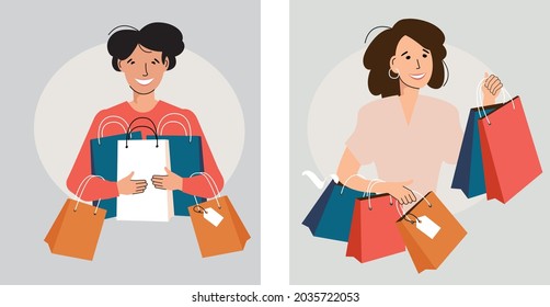 Happy woman enjoying shopping, she holding shopping bags. Flat vector illustration.