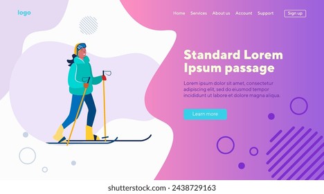 Happy woman enjoying skiing. Winter activity, sport, snow flat vector illustration. Vacation, recreation, lifestyle concept for banner, website design or landing web page