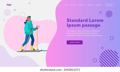 Happy woman enjoying skiing. Winter activity, sport, snow flat vector illustration. Vacation, recreation, lifestyle concept for banner, website design or landing web page