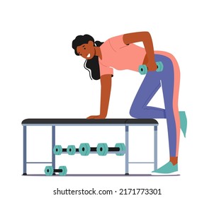 Happy Woman Exercising with Dumbbell in Gym Leaning on Bench. Sportswoman Powerlifter, Female Character in Sportswear Workout with Weight. Healthy Lifestyle Concept. Cartoon People Vector Illustration