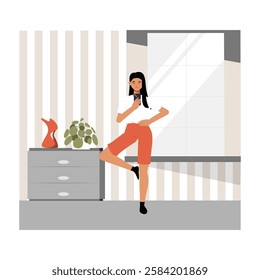 Happy Woman Exercising Indoors In Flat Vector Illustration Symbolizing Fitness Reminder, Active Lifestyle, And Well-Being, Isolated On White Background.