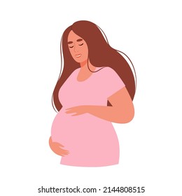 Happy woman expecting a baby. Pregnant woman with tummy. Concept of pregnancy and motherhood. Flat vector illustration.