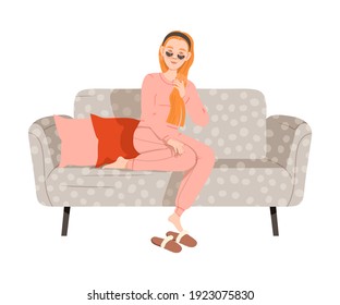 Happy Woman with Eye Patches Resting on Sofa in Living Room Vector Illustration