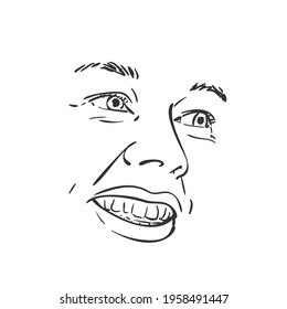 Happy woman face drawing, Smiling girl facial features vector sketch black and white graphics