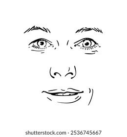 Happy woman face isolated hand drawn illustration, Vector sketch