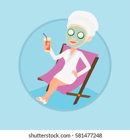 Happy woman with face mask lying in chaise lounge in beauty salon. Woman relaxing in beauty salon. Girl having beauty treatments. Vector flat design illustration in the circle isolated on background.