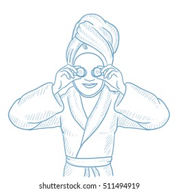 Happy woman with face mask and towel on her head. Woman in robe having beauty treatments. Woman with clay mask on face and cucumber on eyes. Hand drawn vector sketch illustration on white background.