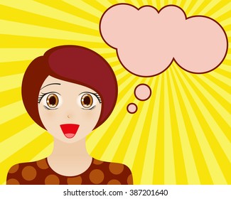 Happy woman face with open mouth. Manga style. Comic girl with speech bubble for your text. Brown hair and brown eyes. Radiant blue background. Vector illustration.