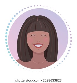 Happy woman face, smiling brunette with closed eyes, vector gradient sign, round colorful illustration