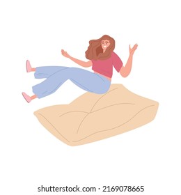 Happy woman falls on the pillow. Cartoon character. Self help concept. Friendly attitude towards yourself. Psychological help. Vector illustration on a white isolated background.