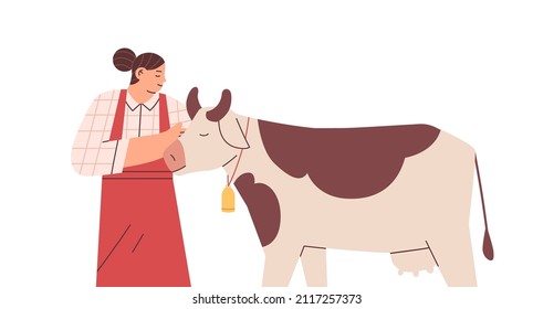 Happy woman farmer and caring about milk cow. Dairy farm worker and domestic animal, cattle. Cowherd and livestock portrait. Flat vector illustration of female shepherd isolated on white background