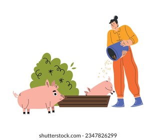 Happy Woman Farmer Character Feeding Pig with Grain Vector Illustration