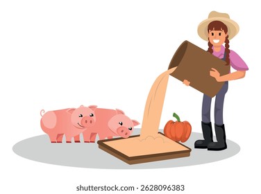 happy woman farmer character feeding pig.