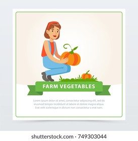 Happy woman farmer character harvesting big pumpkins