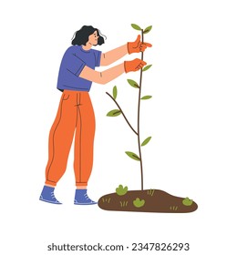 Happy Woman Farmer Character Planting Tree in Soil Vector Illustration