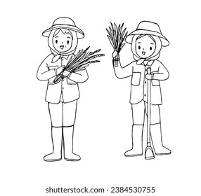 Happy woman farmer, outline drawing vector