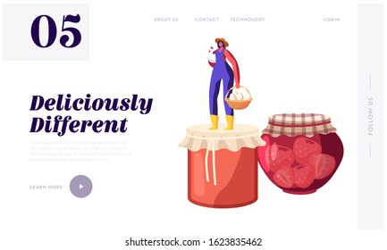 Happy Woman Farmer Presenting Local Food and Eco Production for Sale Website Landing Page., Girl Standing on Lid of Canning Jam-jar Products, Poultry Web Page Banner. Cartoon Flat Vector Illustration