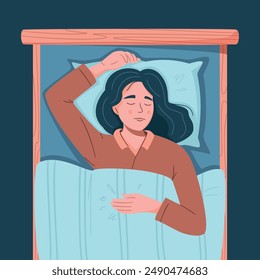 Happy woman is fast asleep, having a good dream. Young sleepy woman lying in the bed under soft duvet. Bedtime, sleep tight, adult napping, snoozing, resting concept. Isolated flat vector illustration