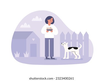 Happy woman feeds street dog. Giving support for domestic animals. Social active youth. Charity and donations for dogs. Vector flat style illustration on white background