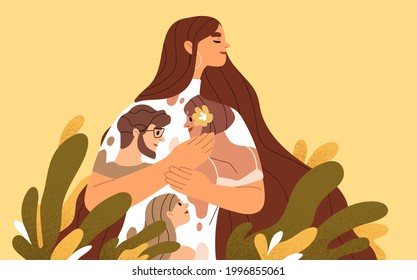 Happy woman feeling love, affection and emotional attachment to her family. Positive inner emotions to dear and close people. Concept of good healthy relations. Colored flat vector illustration - Shutterstock ID 1996855061