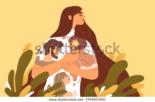 Happy woman feeling love, affection and\
emotional attachment to her family. Positive inner emotions to dear\
and close people. Concept of good healthy relations. Colored flat\
vector illustration