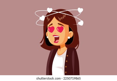 
Una mujer feliz sintiéndose enamorada de la ilustración de la caricatura vectorial. Novia enamorada de la cabeza por encima de los tacones mareada con las emociones
