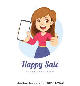 happy woman female showing  holding smartphone illustration