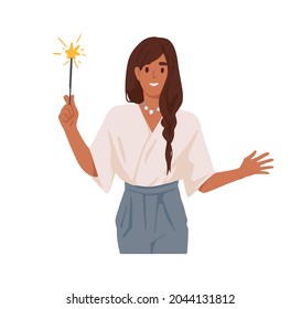 Happy woman with festive Christmas sparkler in hands, celebrate holiday. Office worker holding glowing sparkling firework light with sparks. Flat vector illustration isolated on white background