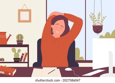 Mujer feliz terminó la ilustración del vector de trabajo independiente. Caricatura de una joven y segura personaje femenina sentada en el escritorio del ordenador, estirarse y relajarse después de trabajar en el interior del apartamento