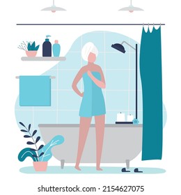 Happy woman finished morning spa treatments. Female character wrapped in towel after relaxing bath. Daily hygiene procedures. Design bathroom interior. Skin and hair care. Flat vector illustration