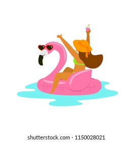 happy woman in a flamingo inflatable float on beach vacations isolated vector graphic 