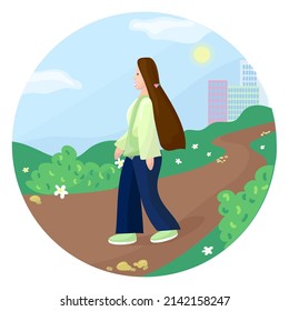 Happy woman flat concept vector illustration. Female walk and pose in spring outfit. 2D cartoon character. Spring, summer creative idea