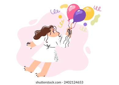 Happy woman flies holding balloons in hand, for concept of lightness and mental purity. Happy young girl dreams of learning how to cast and enjoys festive atmosphere at birthday party
