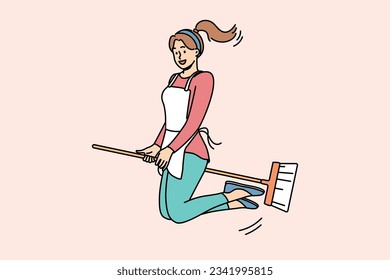 Happy woman flies on mop and smiles, for concept of joy from doing housework and cleaning apartment. Young positive girl housewife or maid sitting astride broom loves to do housework