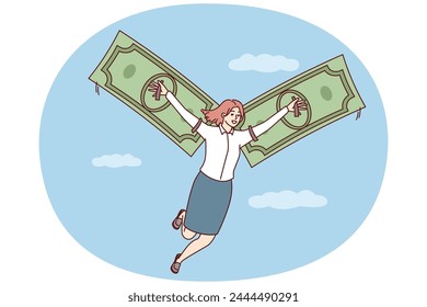 Mujer feliz vuela en el cielo entre las nubes usando billetes en lugar de alas. Concepto de libertad e independencia financiera obtenida a través del Comprobante de sus propios ingresos