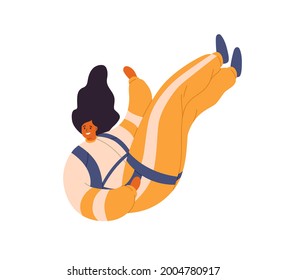 Happy woman floating in air, flying down during skydiving jump. Free fall of skydiver with hair up. Flight and soaring of sky jumper. Colored flat vector illustration isolated on white background