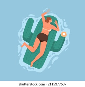 Happy woman floating, relaxing on inflatable mattress in pool water. Person in bikini swimming and sunbathing on rubber cactus on summer holidays. Summertime relaxation. Flat vector illustration