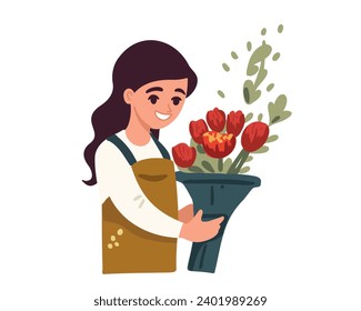 Fantorista feliz con ramo de flores rojas, ilustración vectorial